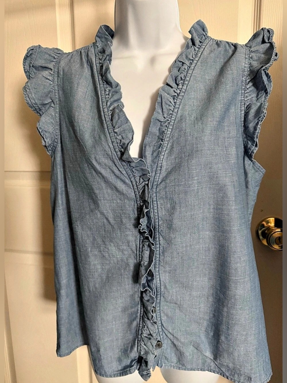 J.Crew Chambray Ruffle Flutter-Sleeve Top Blue Medium
